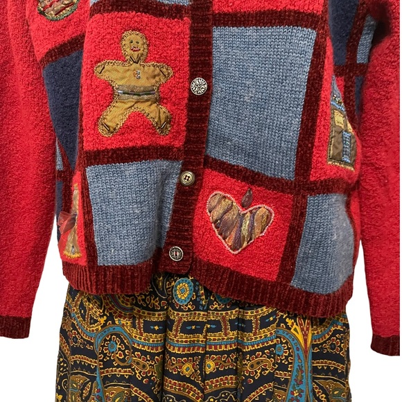 Koret City Blues Women's Sz Large Christmas Sweater Button Front Red Patchworks - Picture 5 of 12